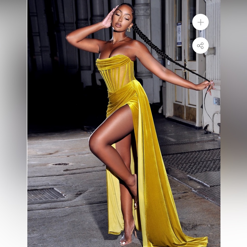 Priya Gold Draping Corset High Slit Velvet Gown XS